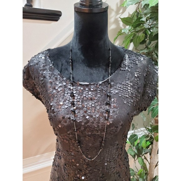 Black Gold Women Sequin Polyester Round Neck Short Sleeve Top Blouse Size Medium - Picture 11 of 11